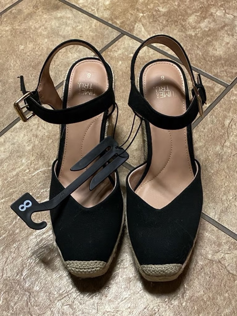 Time and Tru Black Espadrille Ankle-Strap Wedges with Jute Trim
